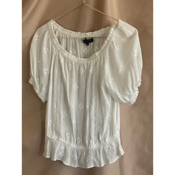 1.STATE Other - 1.STATE White Embroidered Eyelet Puff Sleeve Peplum Blouse XS Boho Rayon Top